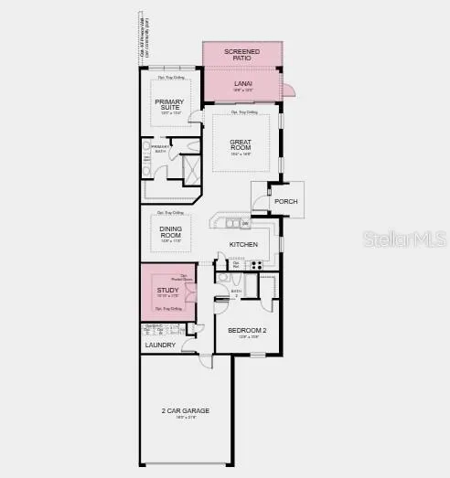 Additional Highlights Include: Tray ceiling at great room/dining room/primary suite/study, extended screened patio, 8' interior doors, study in place of flex, double pocket doors at study, pre-plumb for future laundry sink, and whole house impact windows