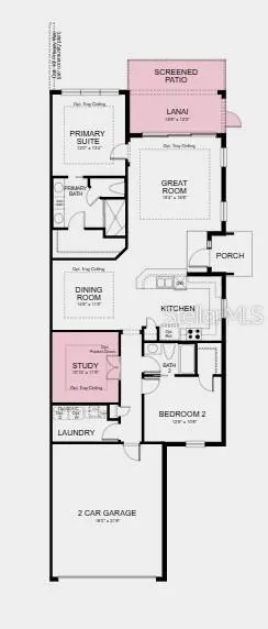 Floor Plan - Additional Highlights Include: Tray ceiling at great room/dining room/primary/study, 8' interior doors, extended screened patio, study in place of flex, double pocket doors at study, pre-plumb for future laundry sink, and whole house impact windows