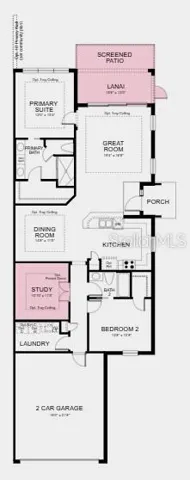Additional Highlights Include: Tray ceiling at great room/dining room/primary/study, 8' interior doors, extended screened patio, study in place of flex, double pocket doors at study, pre-plumb for future laundry sink, and whole house impact windows.