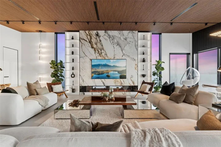 Stunning detail with Book-Matched Dekton Stone Wall.