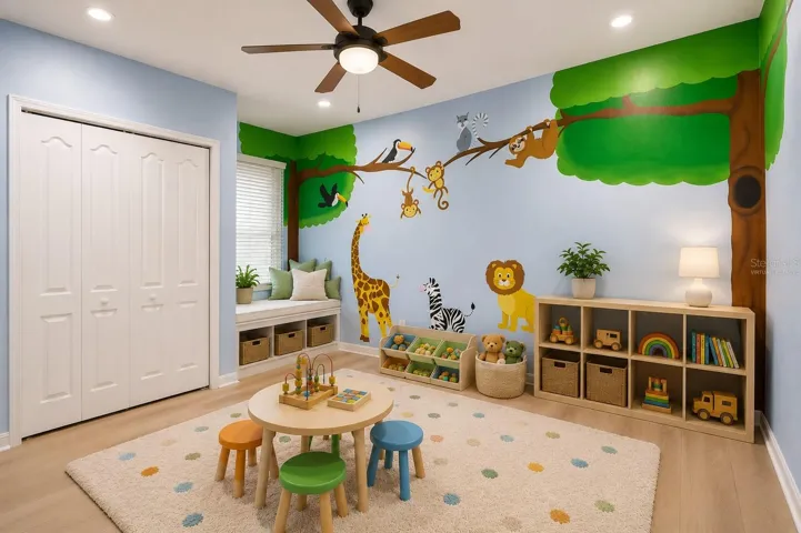 Virtually staged as a playroom.