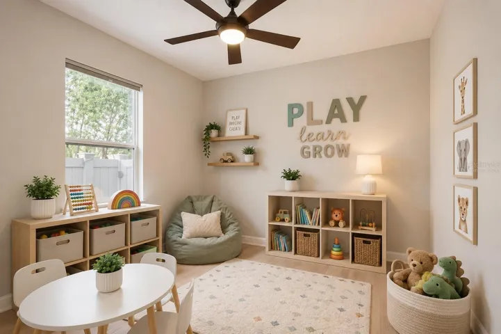 Office virtually staged as a playroom.