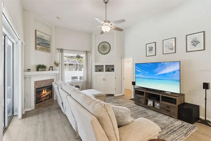 Family room with a cozy fireplace