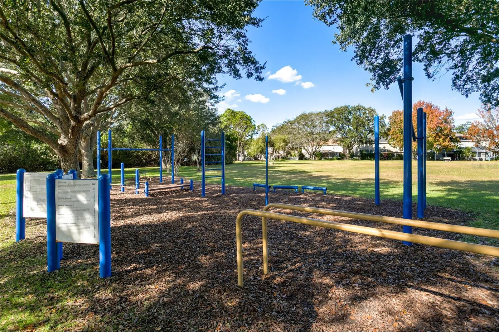 Outdoor fitness/play area shaded by mature trees.