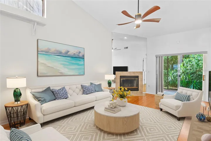 Living room staged with neutral colors and modern furniture