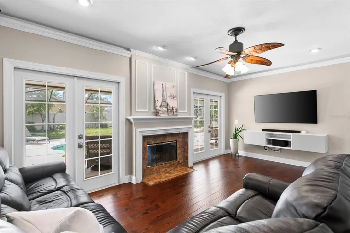 Large family room with wood burning fireplace