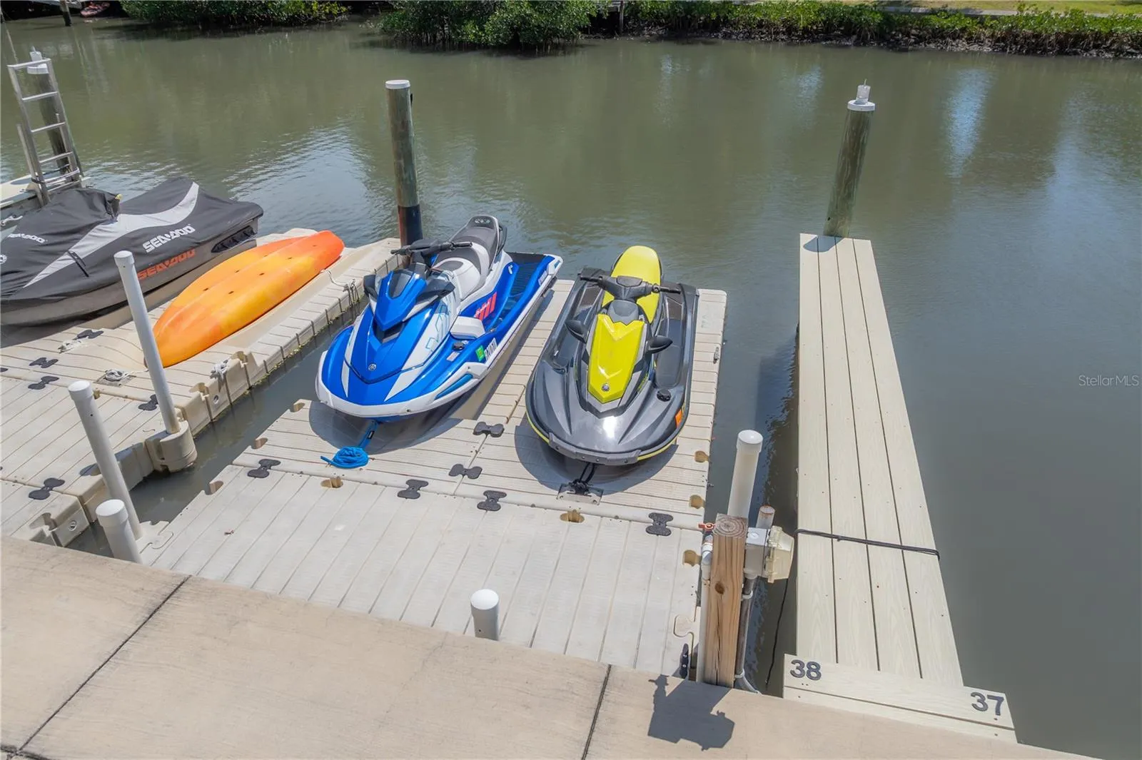 Slip 38 includes a floating dock and superior storm protection.