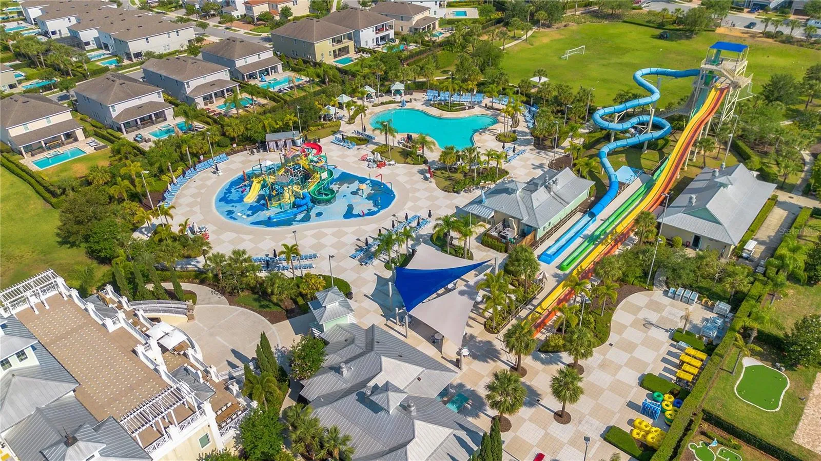 Aerial overview of Encore at Reunion’s world-class resort amenities and waterpark