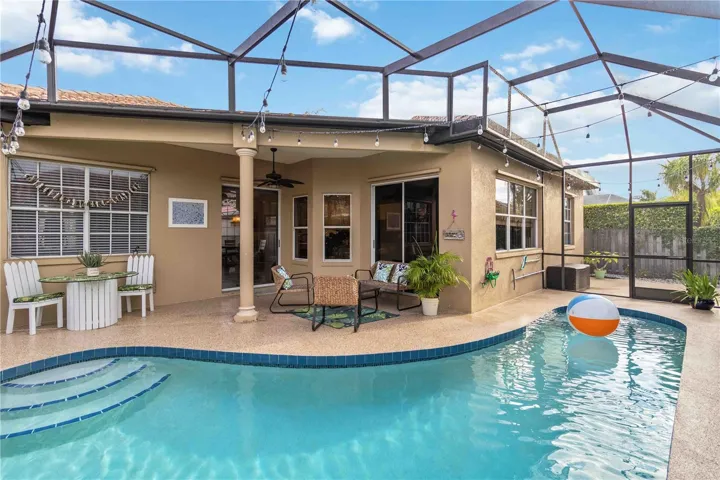 View of the glassed doors from the swimming pool.
