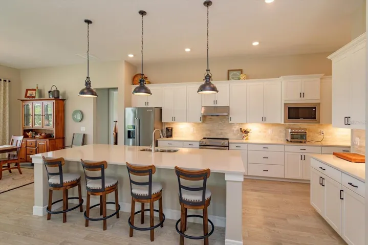 Kitchen with Upgraded Lighting and Stainless-Steel Appliances