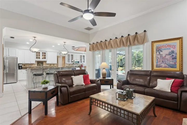 Spacious open living area with custom architectural detail