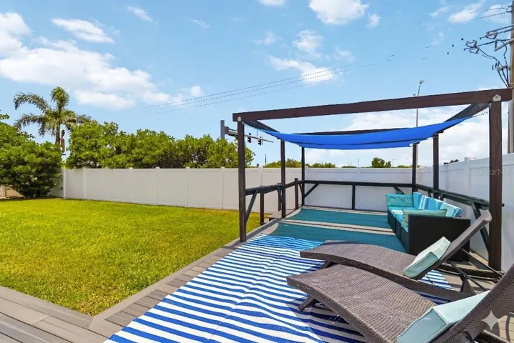Large fenced yard with shaded deck
