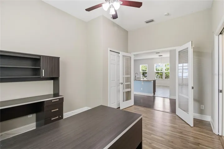 Office with built-in L-shaped desk