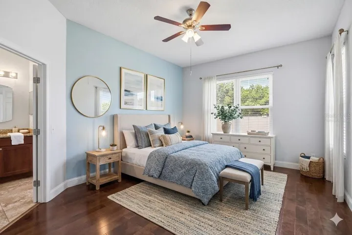 Virtually staged primary bedroom