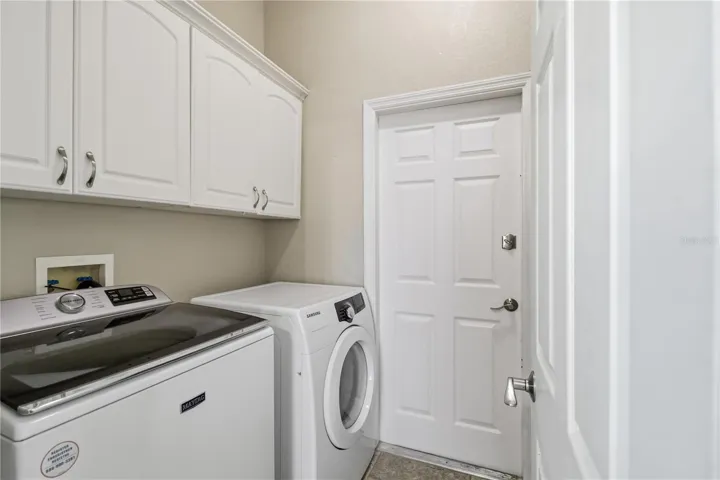Interior laundry room with storage cabinets