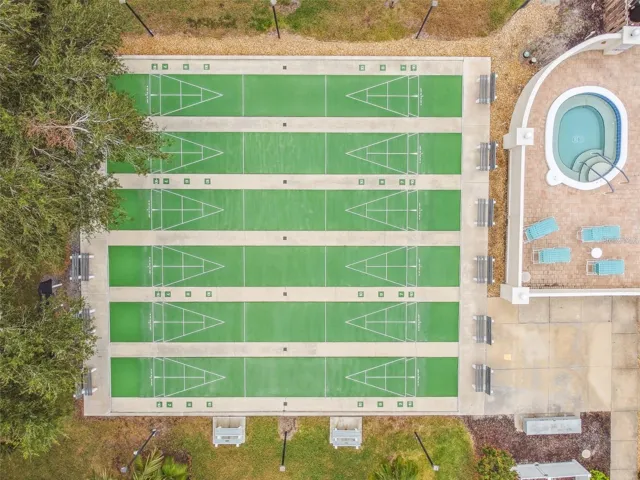 Aerial view of shuffleboard courts and spa