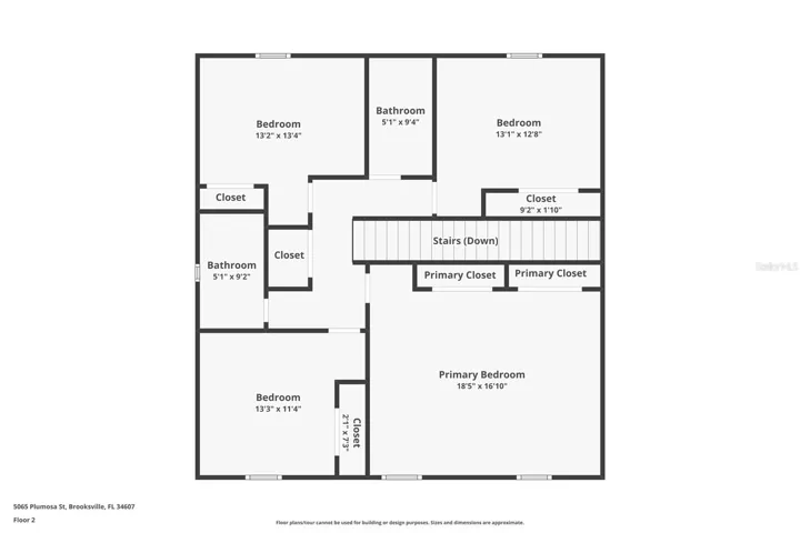 Upstairs floor plan.  The closet at the top of the stairs is the laundry room.