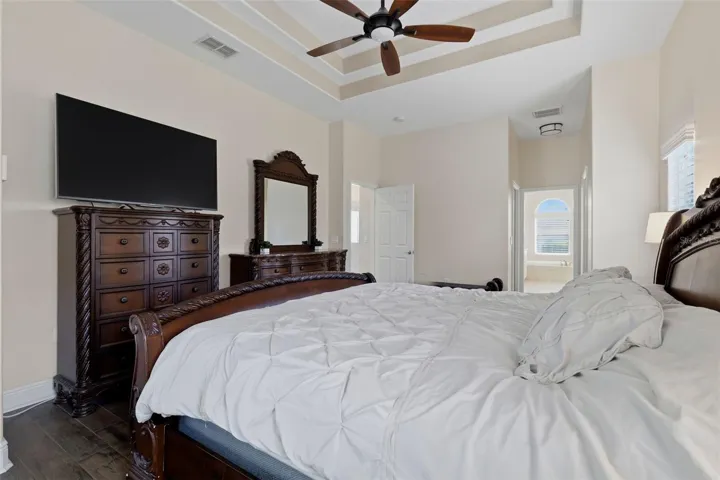 Primary bedroom with tray ceilings