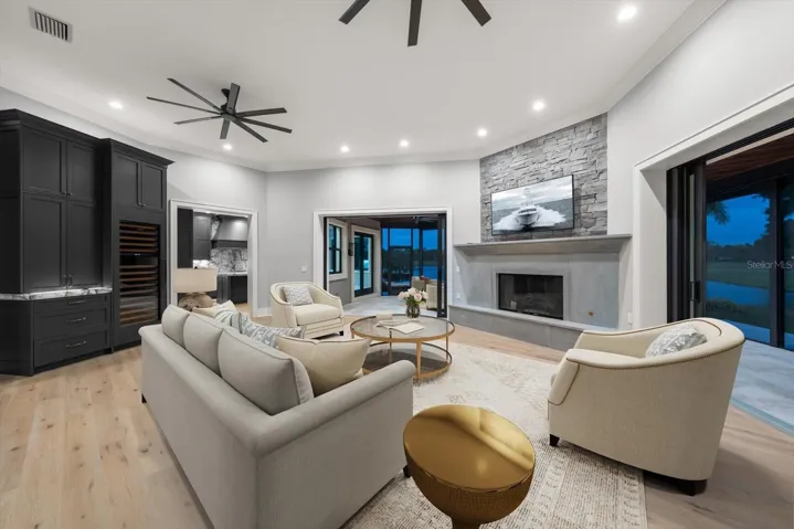 Living room with gas fireplace.