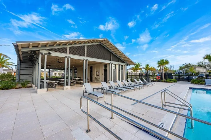 Covered poolside seating.