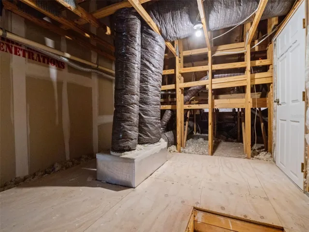 Attic view with laid wood for storage and view to sealed off HVAC cooled storage room.
