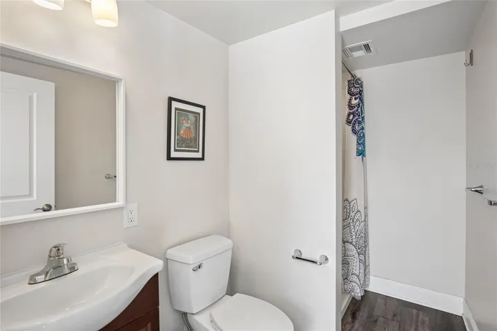 Third Bathroom – The third bathroom features a clean vanity area, neutral finishes, and wood-look flooring for a cohesive feel. A separate tub/shower area adds practical function for guests or poolside use.