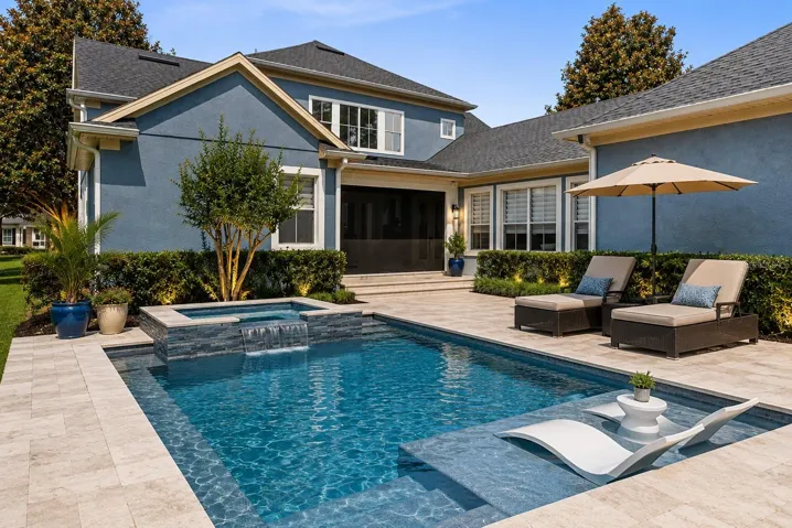 Virtually staging of a pool in the back.