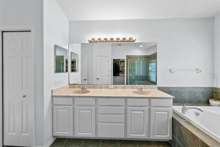 Primary vanity and tub.