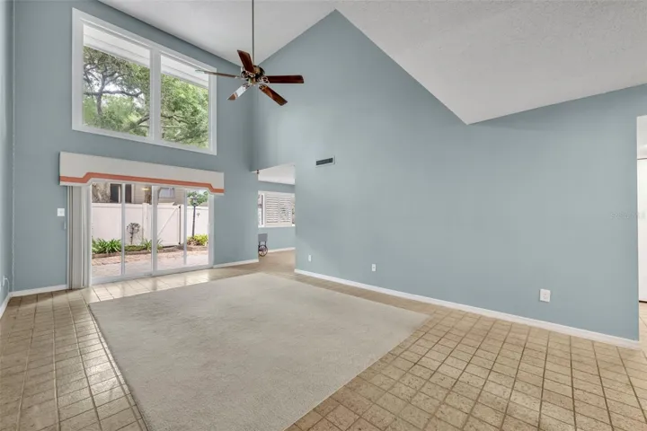 Living room with vaulted ceilings