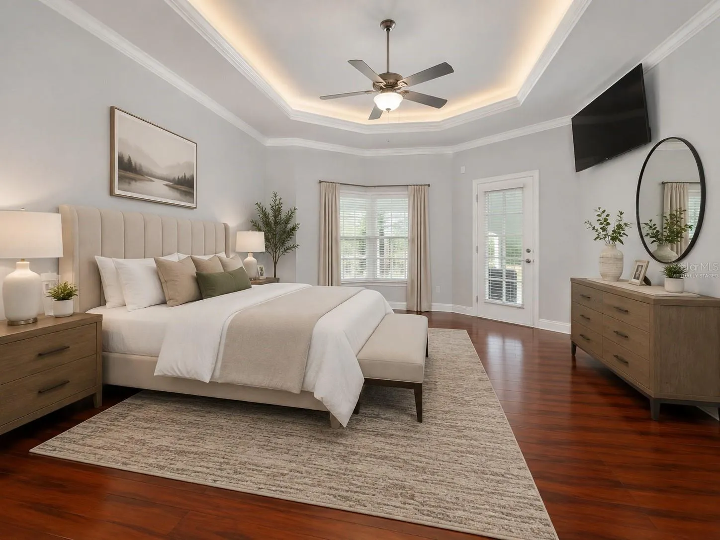 Access to sunroom from primary bedroom virtually staged