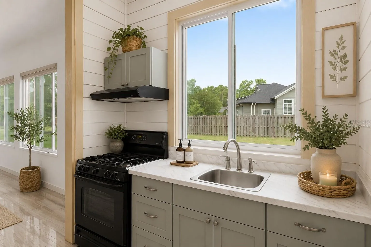 Conditioned Sunroom summer kitchen, virtually staged