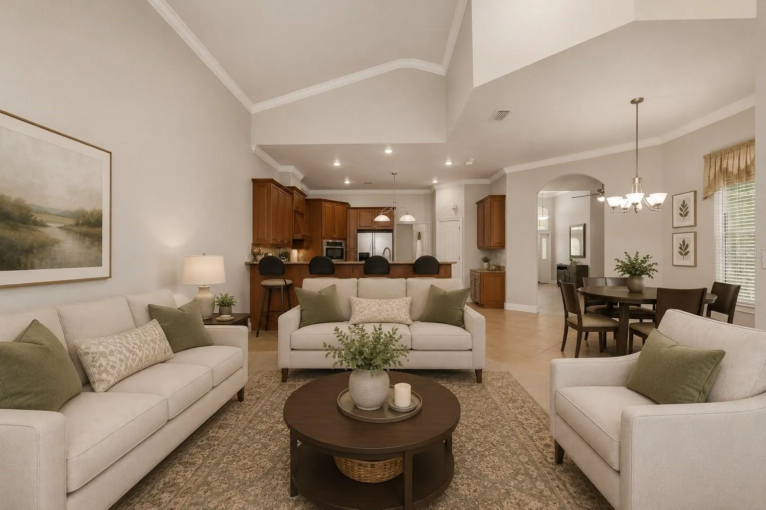 Family opens to kitchen, virtually staged