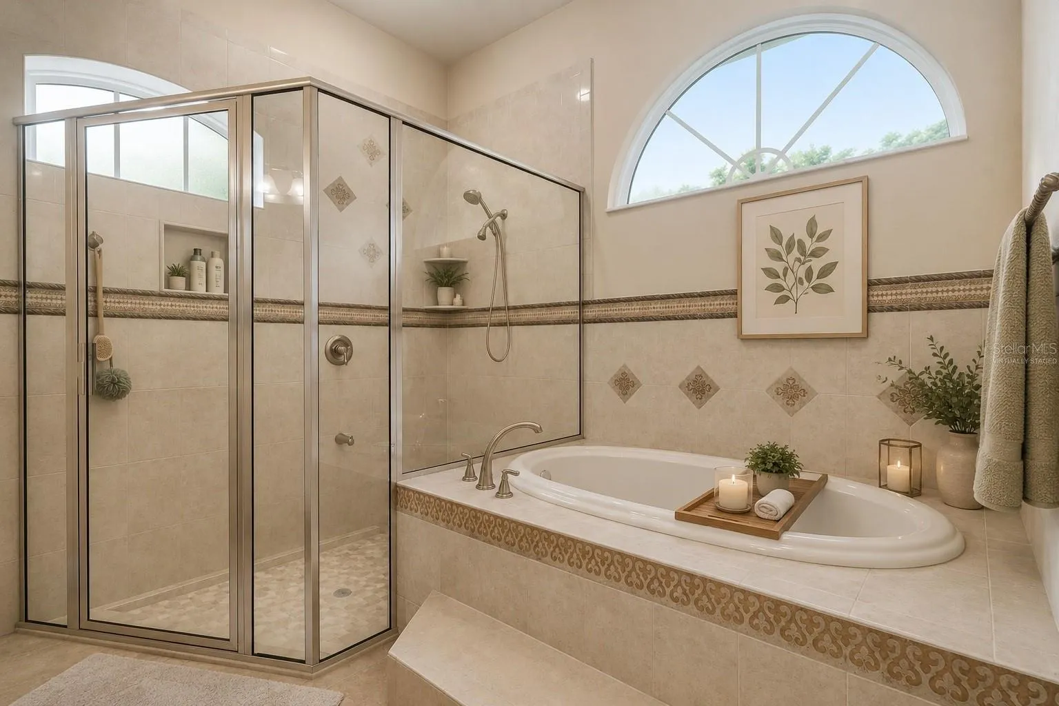 Separate shower and bath, virtually staged