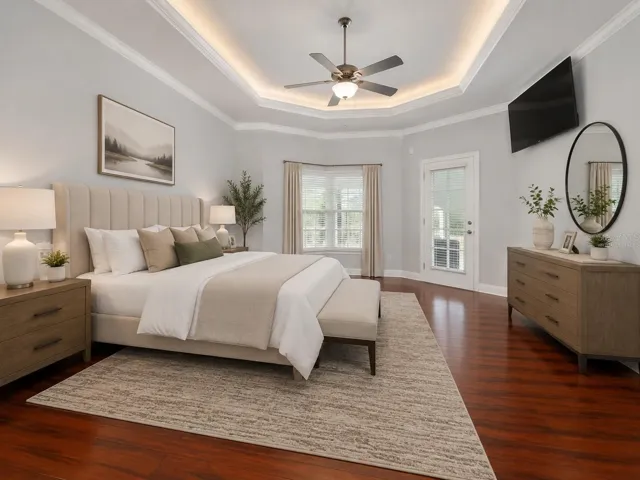 Access to sunroom from primary bedroom virtually staged