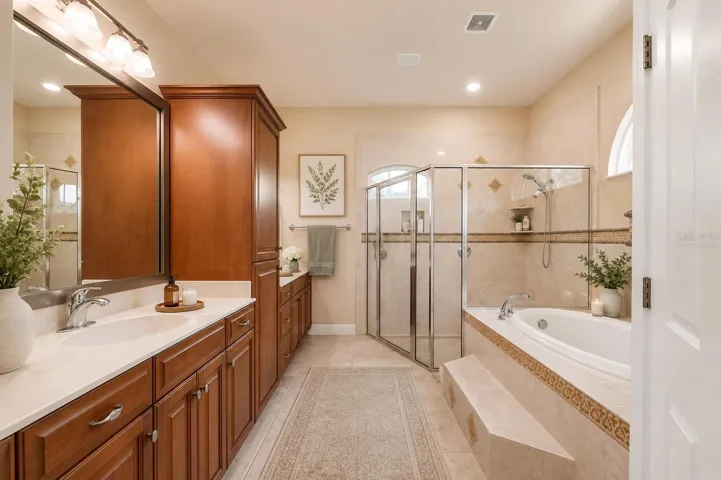 Spa-like primary bath virtually staged