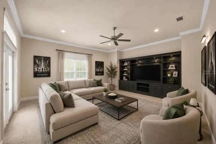 Media room opens to back yard, virtually staged