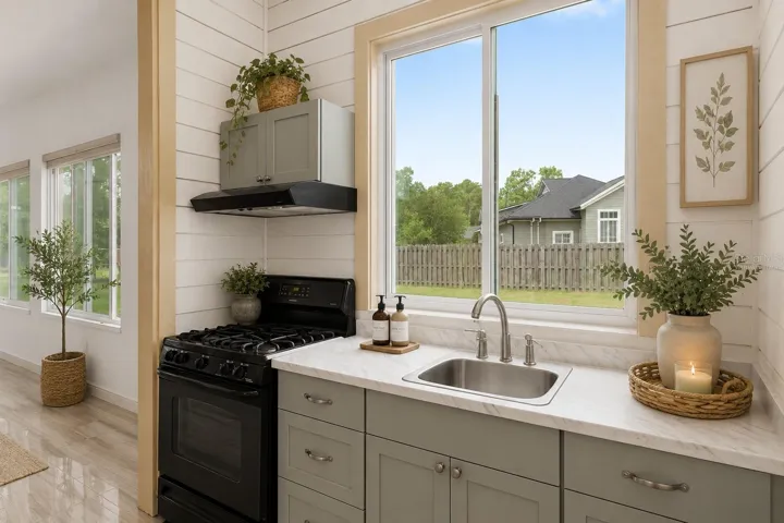 Conditioned Sunroom summer kitchen, virtually staged