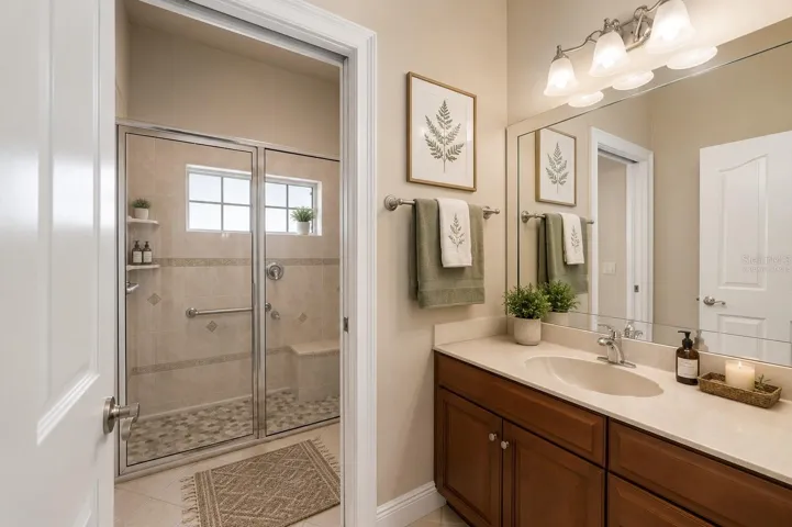 Secondary full bath, virtually staged