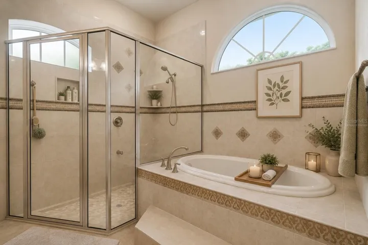 Separate shower and bath, virtually staged