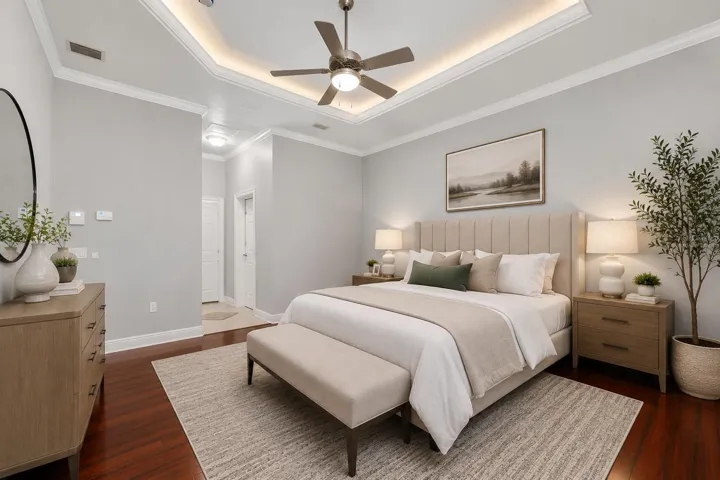 Spacious primary bedroom virtually staged