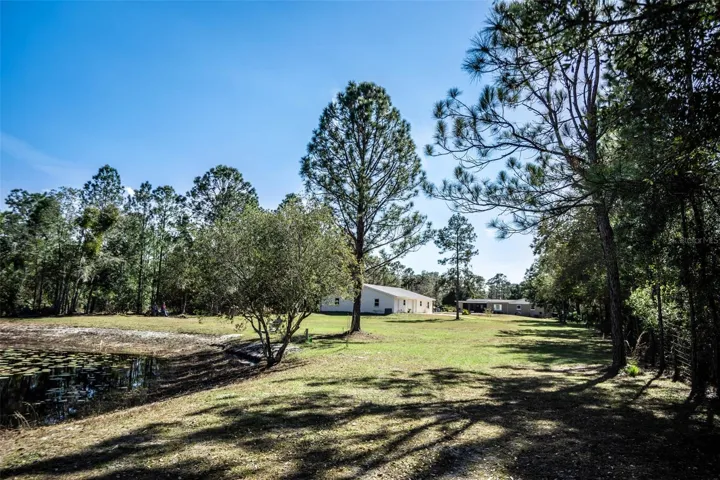 View from pond showing barn and house