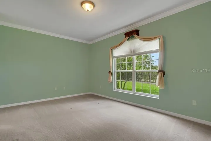 The primary suite features a large window overlooking the greenbelt area in back.