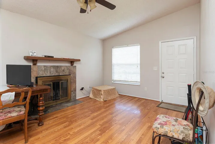 Living Room with wood burning fireplace