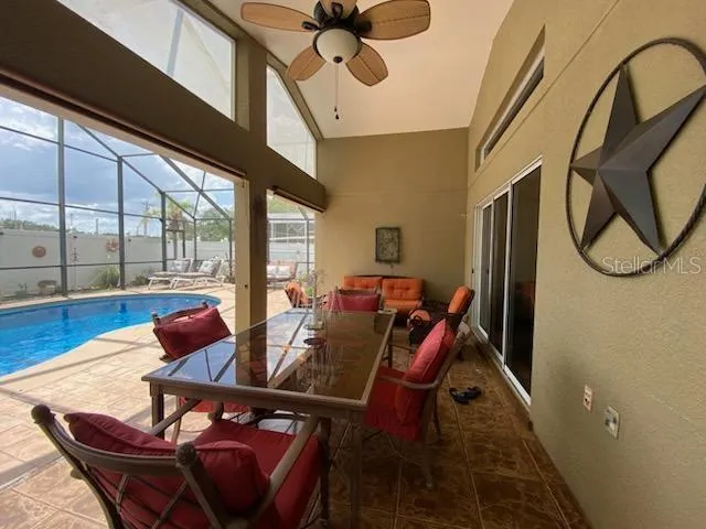 Pool decking has space for covered seating and uncovered sunbathing.
