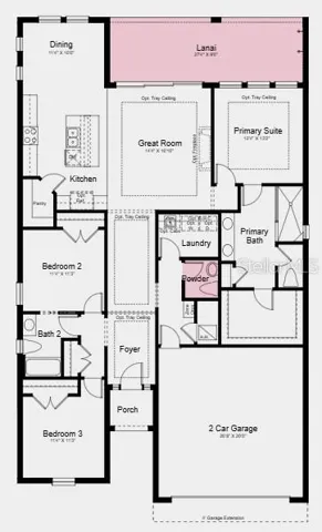 Floor Plan~ Additional Highlights Include: Powder room in place of storage closet, 10' ceilings, 8' interior doors, upgraded cabinets and flooring, pendant lights at kitchen, tray ceiling pkg, and outdoor kitchen rough-in.