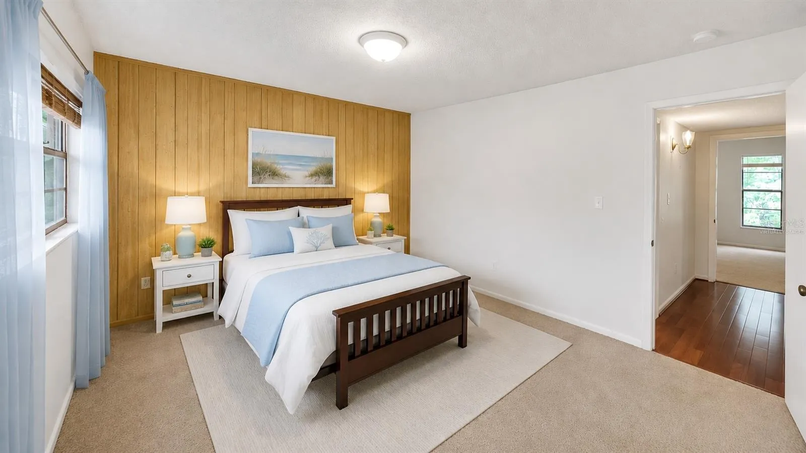 Guest bedroom, accent wall and triple windows(Partially virtually staged