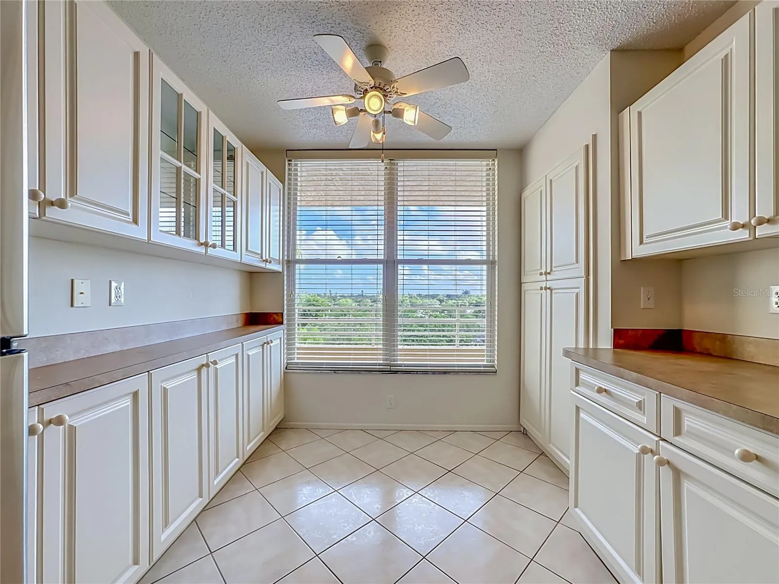 Lots of cabinets, including glass front cabinets, and lots of counter space.