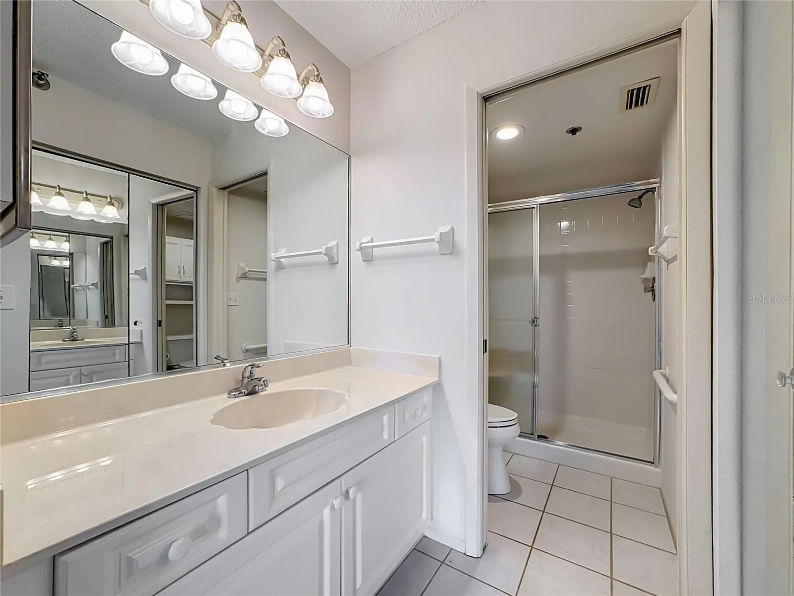 Primary bathroom with a pocket door for the toilet and shower.