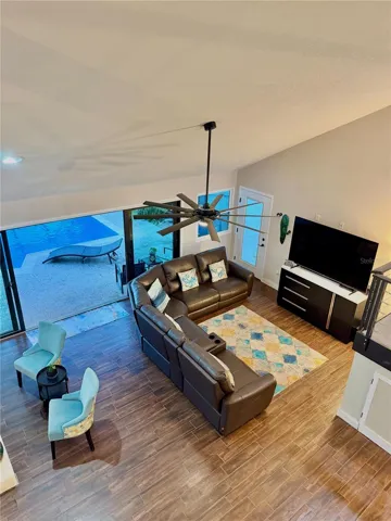 Aerial view of fireplace and living room