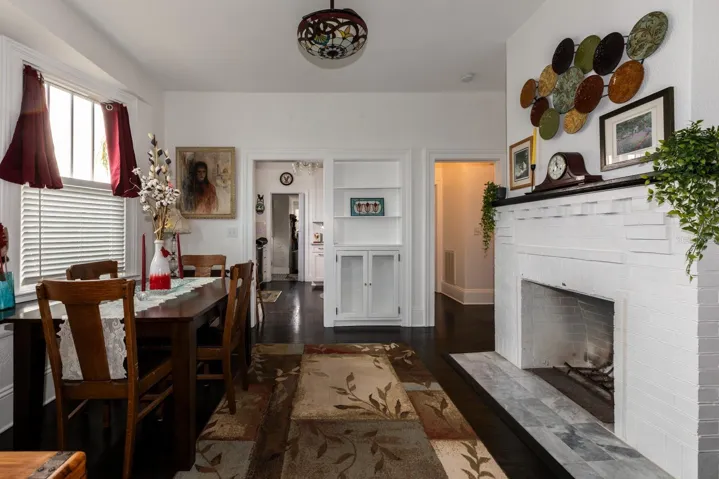 Dining Room with Fireplace, Bench and Built-ins